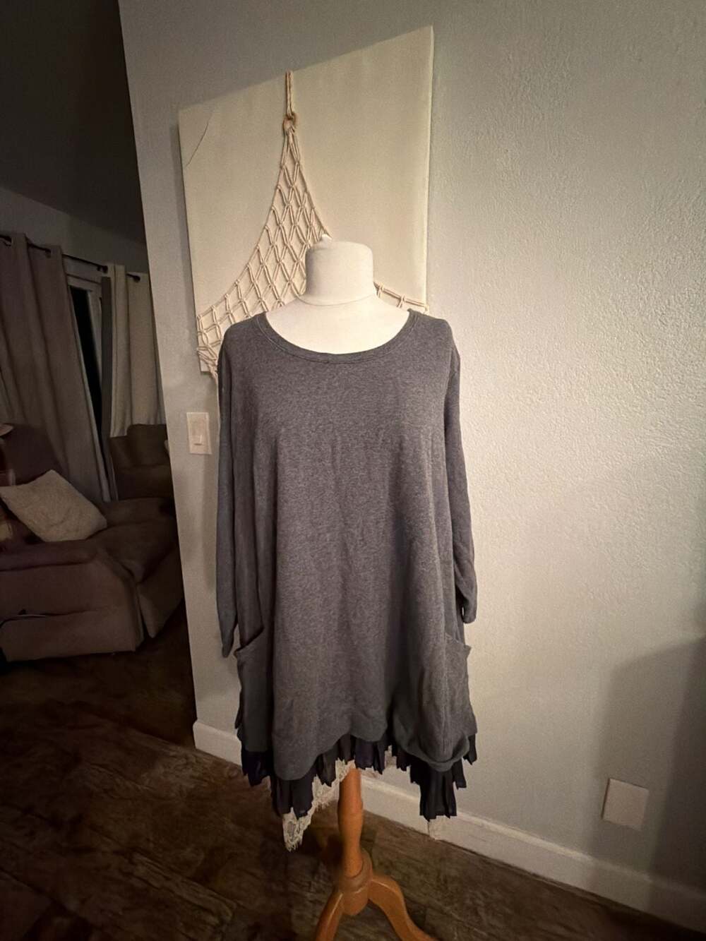 LOGO Lounge Heather Gray French Terry Tunic w/Chiffon and Lace Ruffle Hem